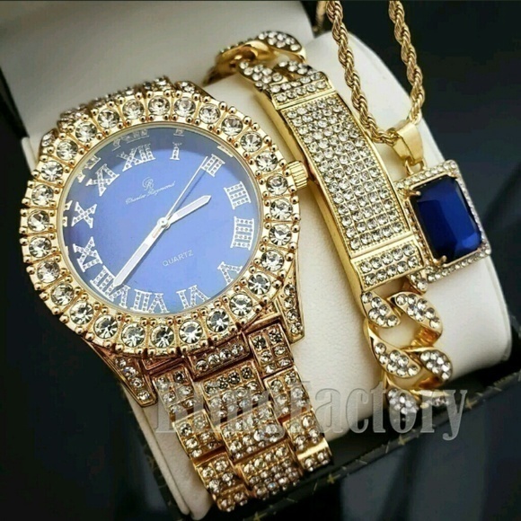 MEN'S ICED HIP HOP BLUE FACE WATCH & FULL ICED NEC - Picture 1 of 8